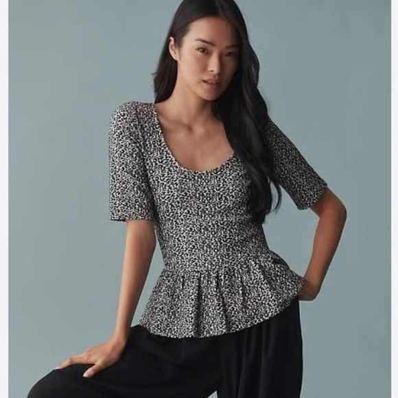 Anthropologie Maeve Leopard Print Scoop Neck Peplum Top Black White Size Small - Picture 2 of 9